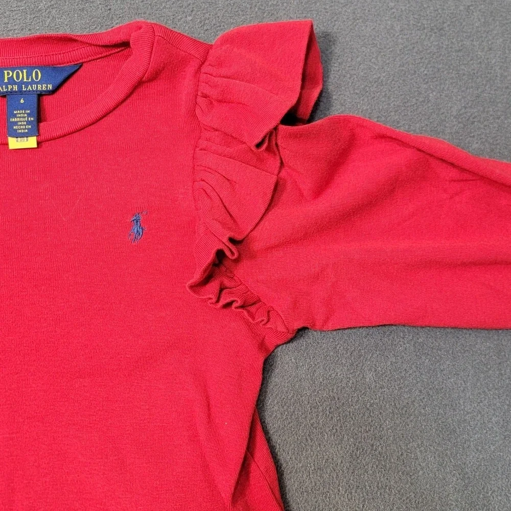 Polo Ralph Lauren Girls Red Ruffle‎ Shoulder Long Sleeve Top Smocked Cuff Size 6